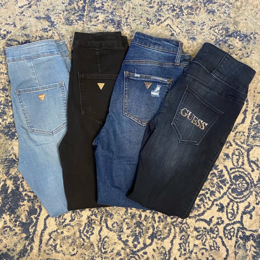 Guess blue jeans, light wash, medium wash ripped, dark wash, black, all size 25